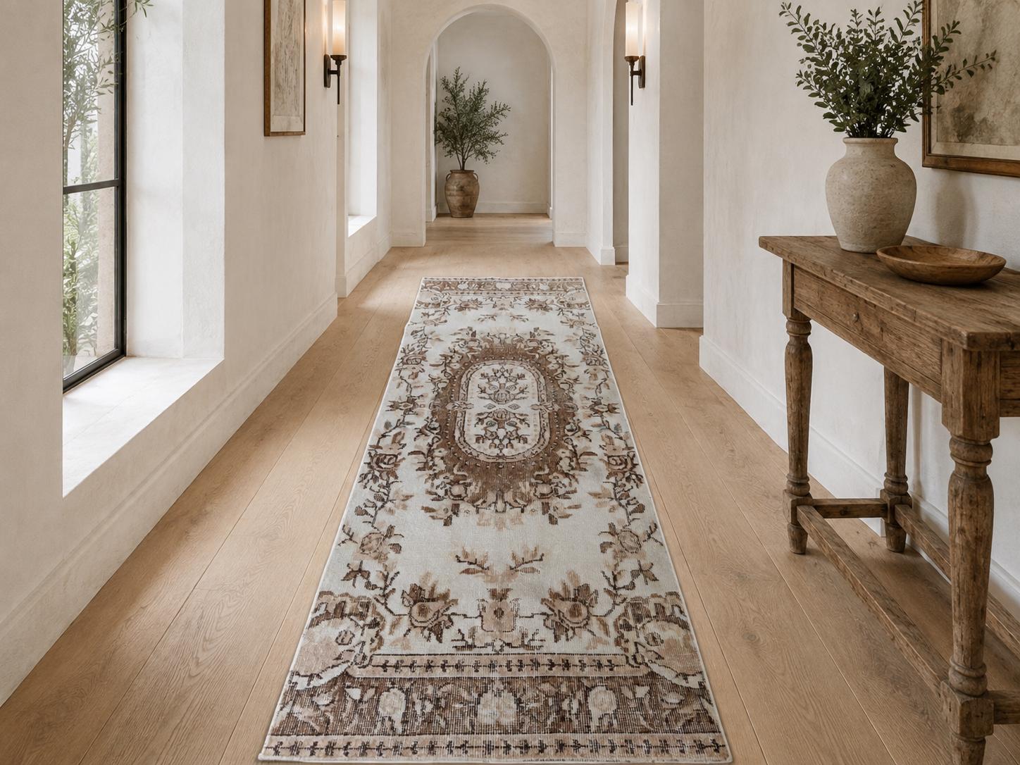 Vintage Turkish Runner Rug, 2.8x6.8 ft, Ivory Brown Floral Medallion