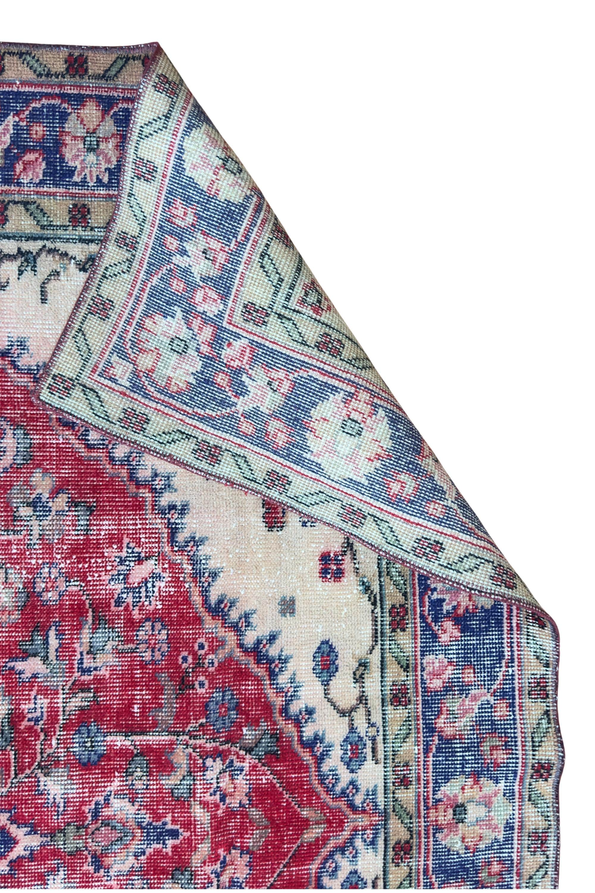 Vintage Turkish Area Rug, Hand-Knotted Wool Medallion, Faded Crimson Red Navy, 6x9 ft – view 16