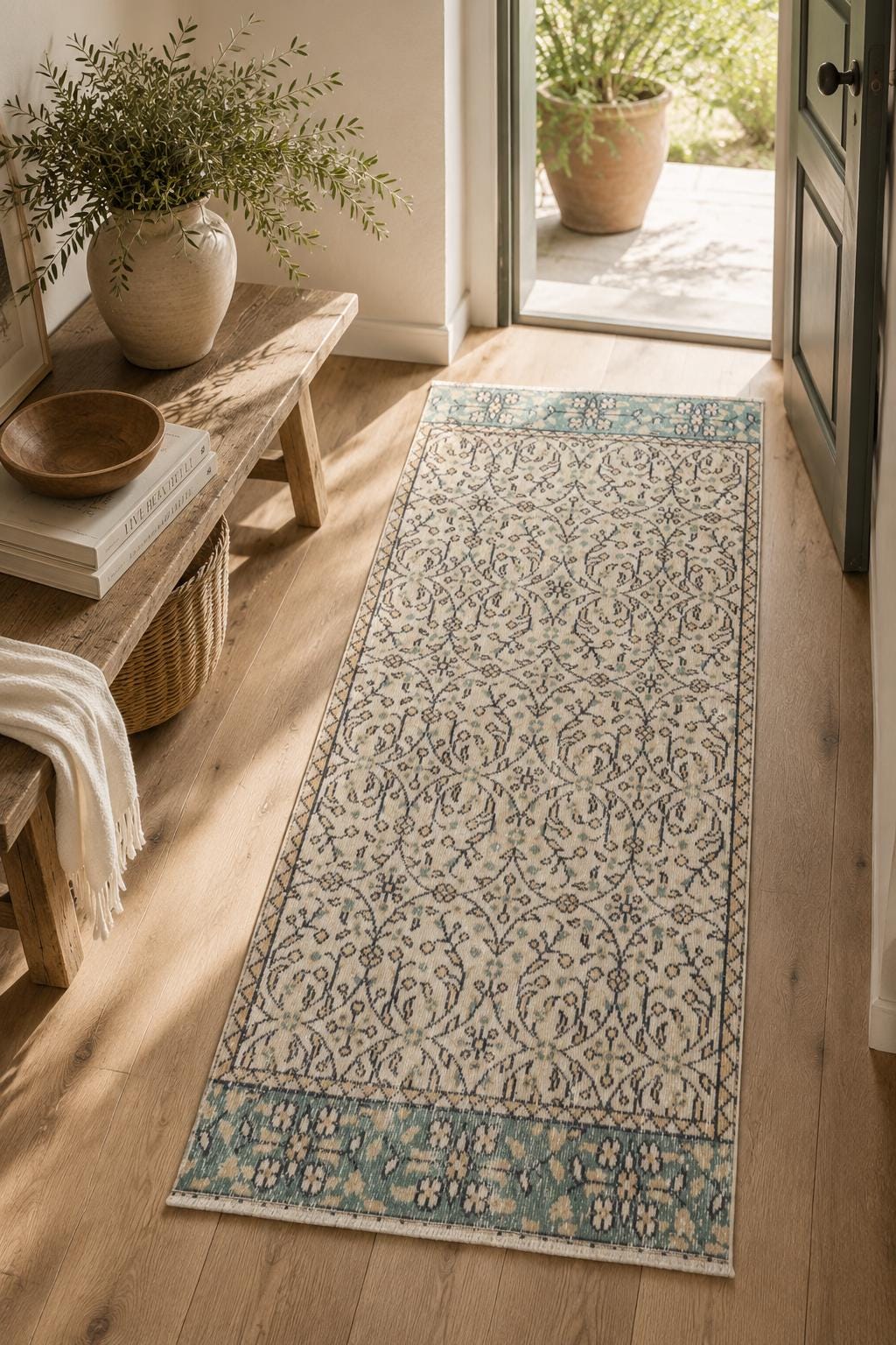 Vintage Turkish Runner Rug, Handwoven Wool Arabesque, Ivory Cream Teal Navy, 2.7x6.7 ft