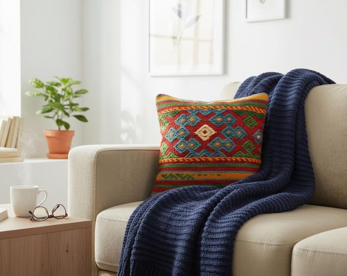 Colorful Kilim Pillow Cover 16x16 | Red Blue Green Wool Cushion | USA Stock