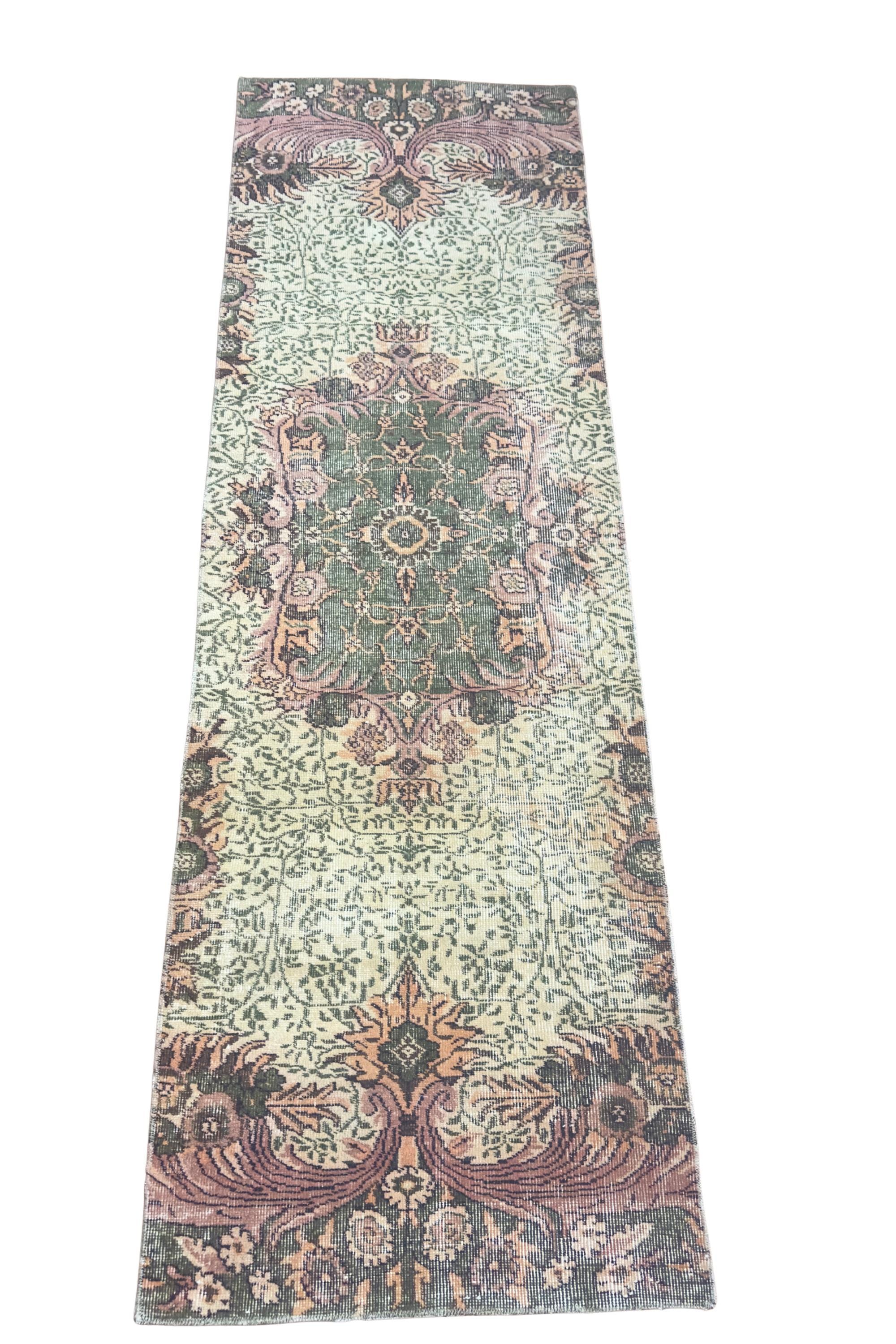 Vintage Turkish Isparta Runner Rug, Hand-Knotted Wool Medallion, Faded Sage Mauve, 78x247 cm – view 10