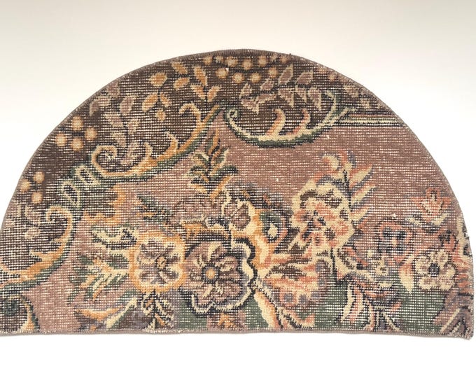 20x33 Inch Vintage Semicircle Rug Turkish Wool Floral Entryway Mat