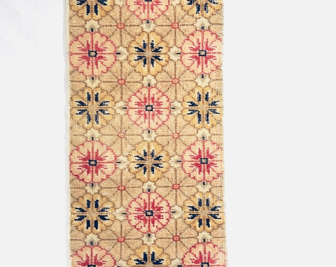 Geometric Medallion Mini Rug 16x38 Inches Handwoven Vintage Turkish Wool Accent Runner for Entryway and Hallway Decor