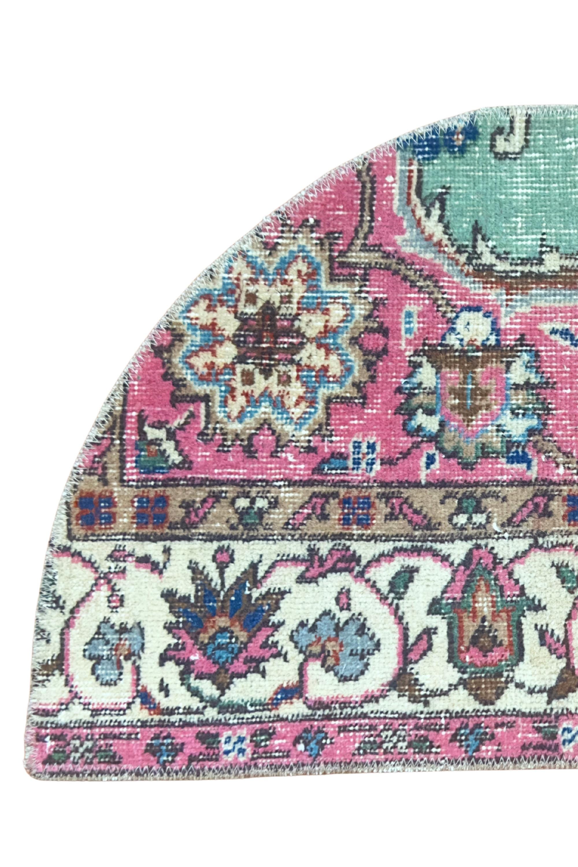 Vintage Turkish Door Mat, Hand-Knotted Wool Medallion, Distressed Pink Cream, 18x30 in – view 6