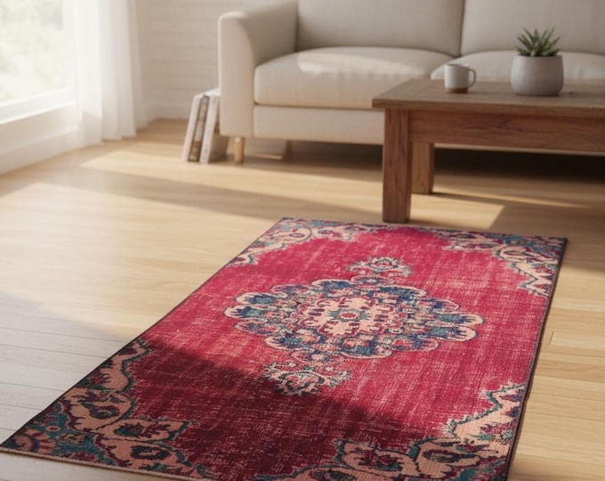 Vintage Hand Knotted Turkish Rug 125×214 cm | Beige Brown Wool Carpet | Boho Farmhouse Living Room | Free Express Shipping