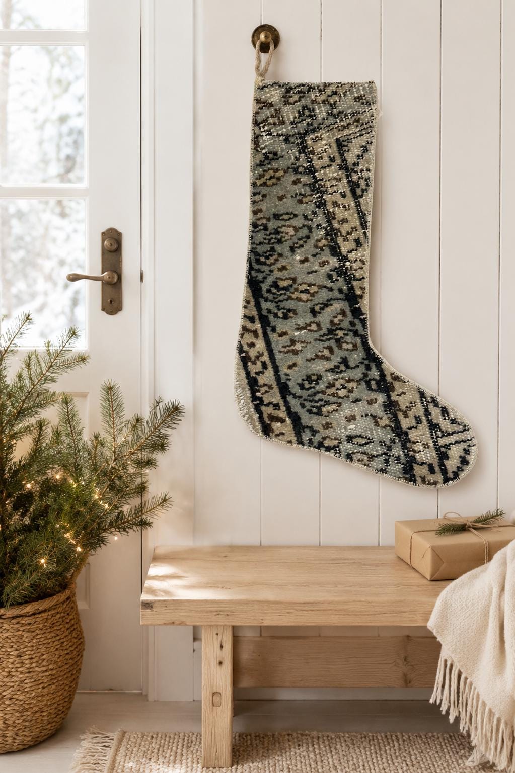 Turkish Rug Christmas Stocking, Handmade Vintage Anatolian Wool, Boho Fireplace Decor, Gray, Rustic Gift