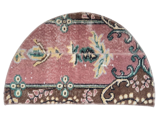 Vintage Patchwork Semicircle Rug 18x29 In Hand Knotted Wool Entryway Decor