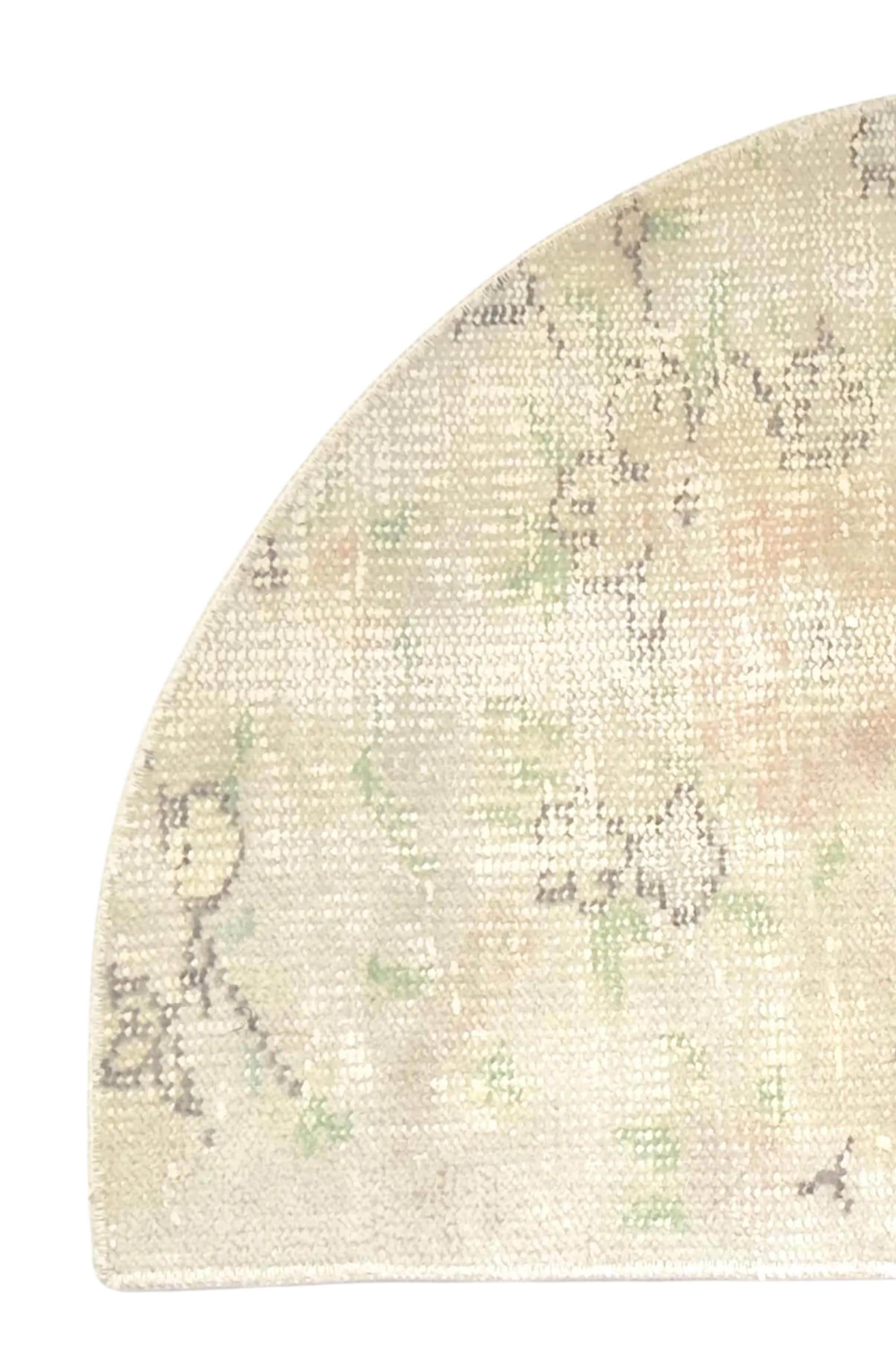 Vintage Turkish Semicircle Rug, Handwoven Wool, Ivory Blush Pink Sage Faded, 1.6x2.77 ft – view 7