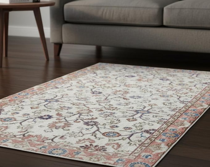 109x194.5 cm Beige Blue Floral Turkish Wool Rug | Handwoven by Women | Unique One-of-a-Kind Vintage Style