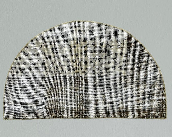 Vintage Turkish Wool Semicircle Rug: Beige Brown Oriental Doormat (2x3 ft)