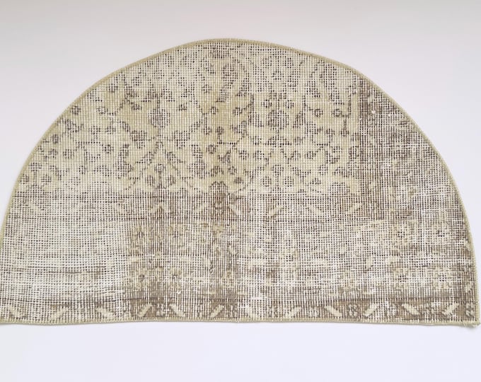 Neutral Semicircle Wool Rug 19x33 Inch Vintage Entry Mat