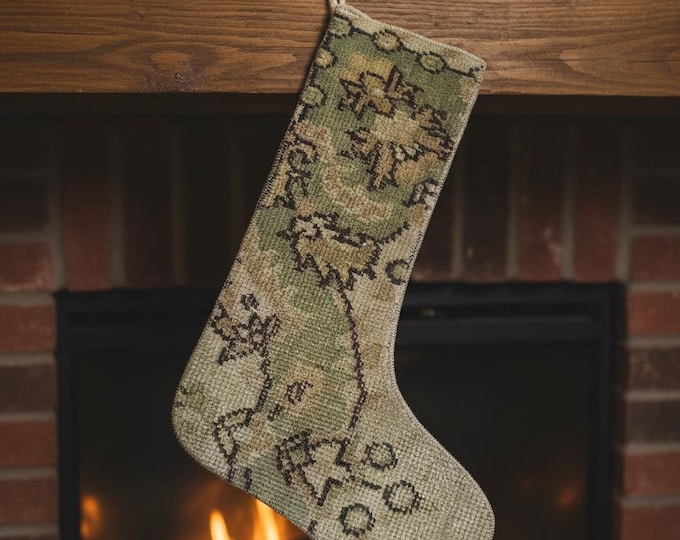 Vintage Rug Christmas Stocking – Upcycled Carpet – Green Beige Holiday Decor