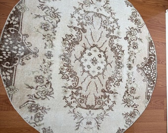 Floral Vintage Round Rug,small area rug,circle rug, hand made round rug, boho decor rug,faded rug, bathroom round rug,hallway round rug,