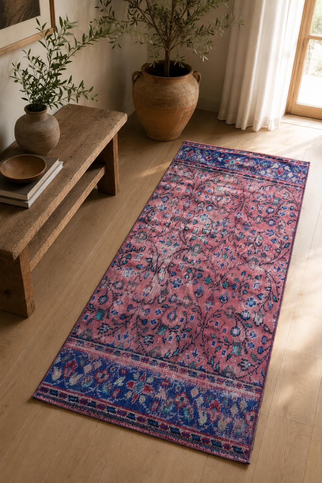 Vintage Turkish Isparta Runner Rug, Handwoven Wool Floral, Dusty Rose Cobalt Blue, 2.5x5.7 ft