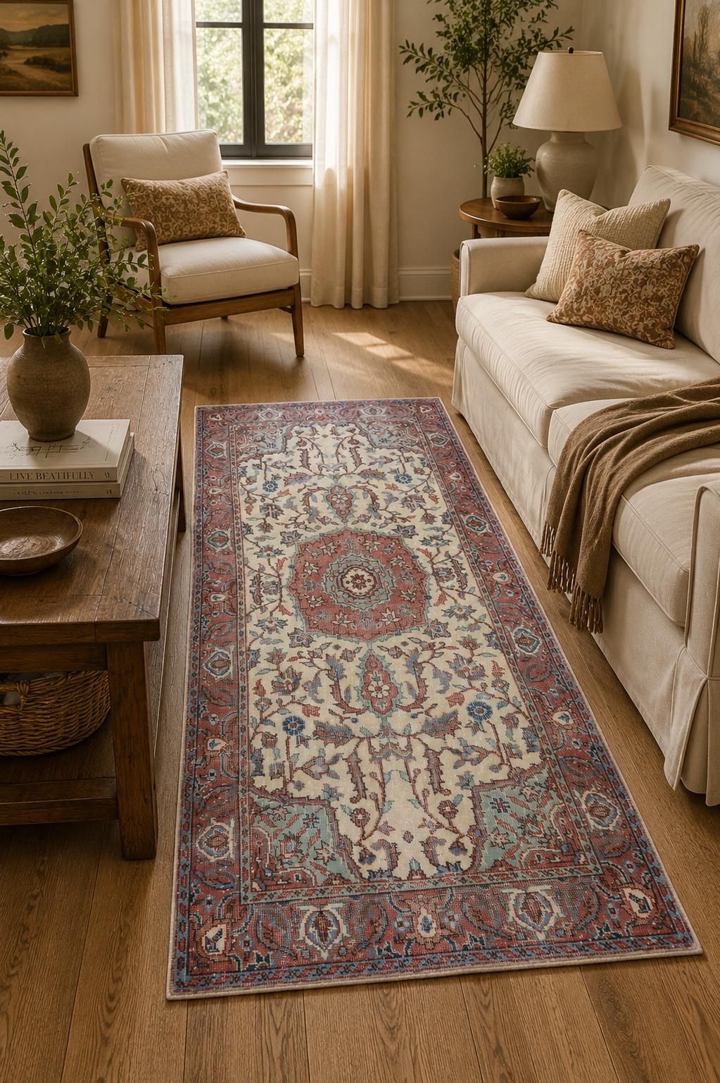 Vintage Turkish Rug, 3x6 Hand Knotted Wool, Dusty Rose Floral Medallion, Victorian Entryway Rug – view 3