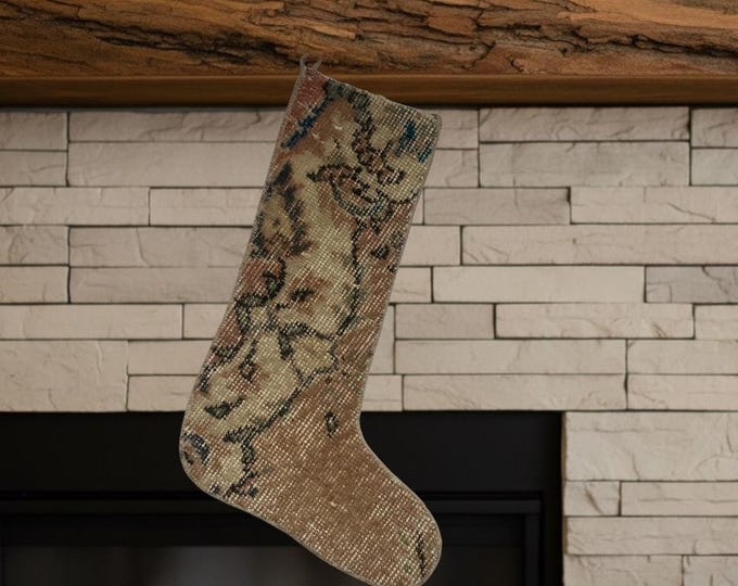 Vintage Turkish Rug Christmas Stocking – Hand-Knotted Wool – Beige & Neutral Tones