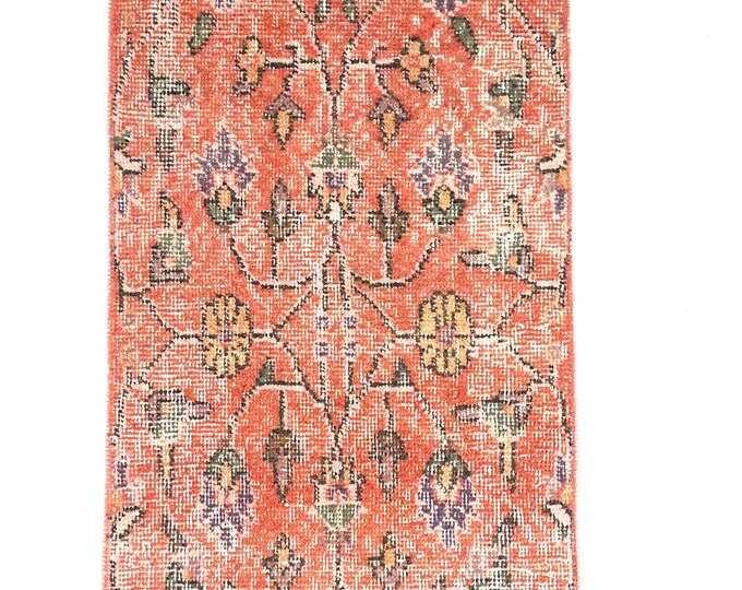 Vintage Turkish Small Rug 20x35 Inches Red Orange Floral Tribal Hand Knotted Wool Area Rug for Bedroom or Nursery