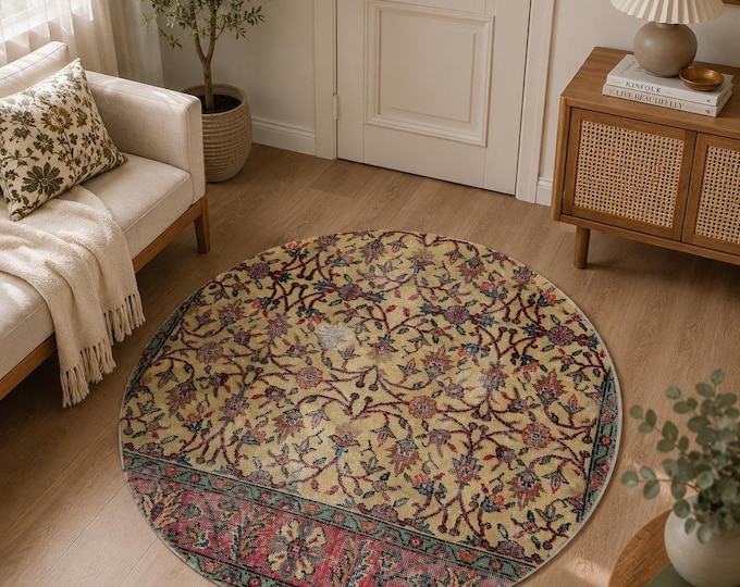 Round Area Rug, Vintage Isparta Handwoven Wool Circle, Distressed Gold Beige Arabesque, 3.9 ft
