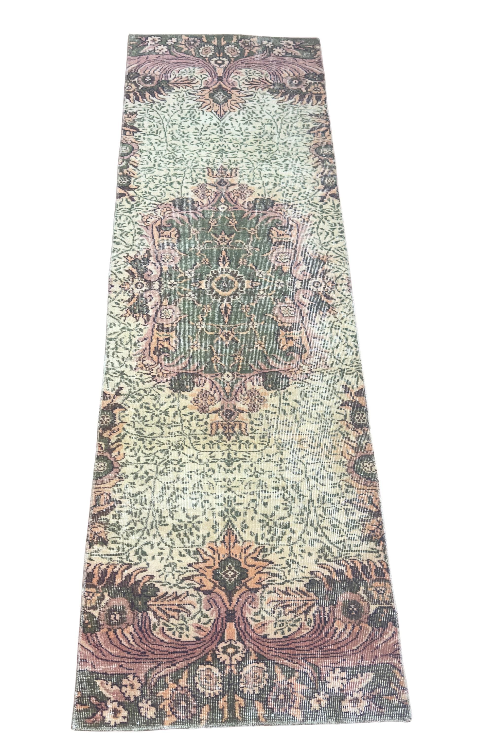 Vintage Turkish Isparta Runner Rug, Hand-Knotted Wool Medallion, Faded Sage Mauve, 78x247 cm – view 9