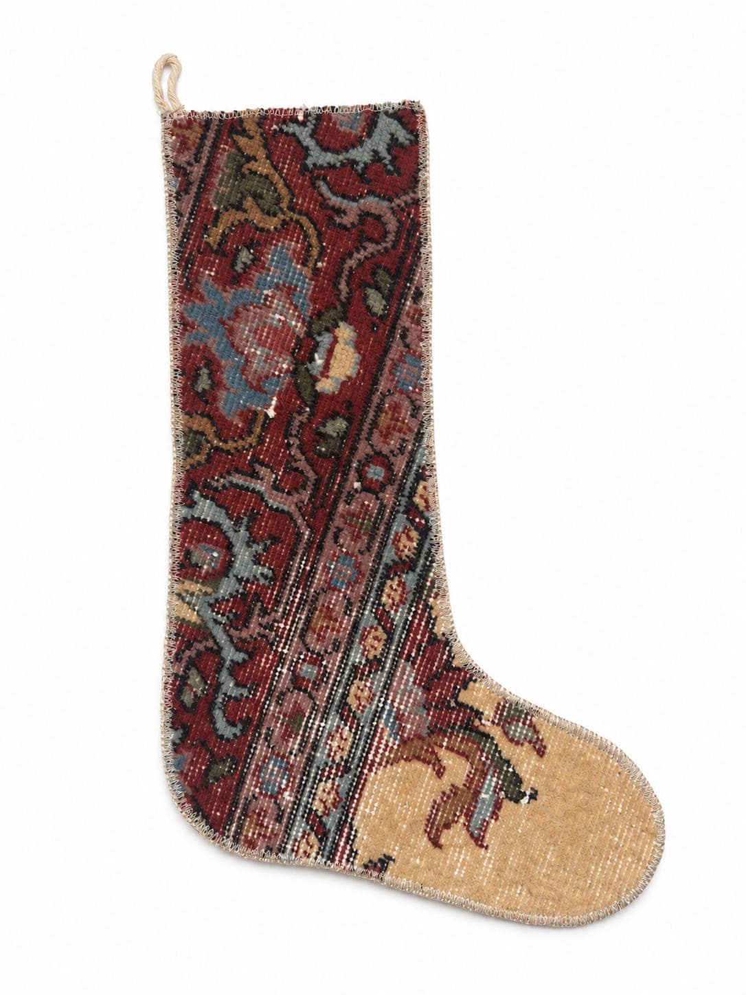 Vintage Hand Knotted Turkish Wool Rug Christmas Stocking, Burgundy Floral, 17.7 x 12.2 in – view 4