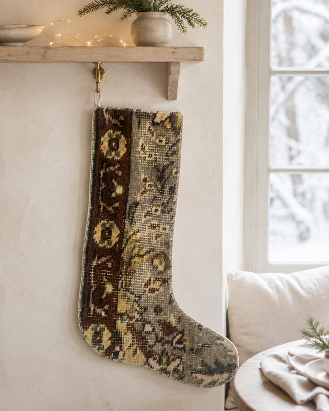 Turkish Rug Christmas Stocking, Handmade Vintage Anatolian Wool, Boho Fireplace Decor, Green, Rustic Gift