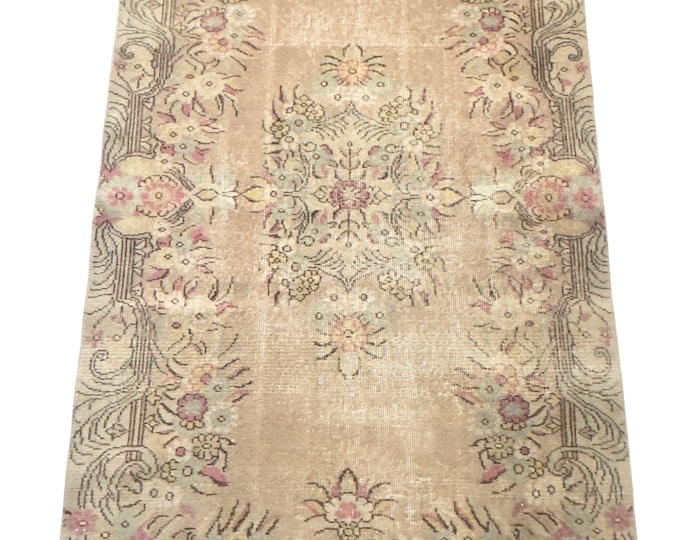 Vintage Turkish Area Rug 48 x 87 in Soft Beige Wool Hand Knotted Floral Rug