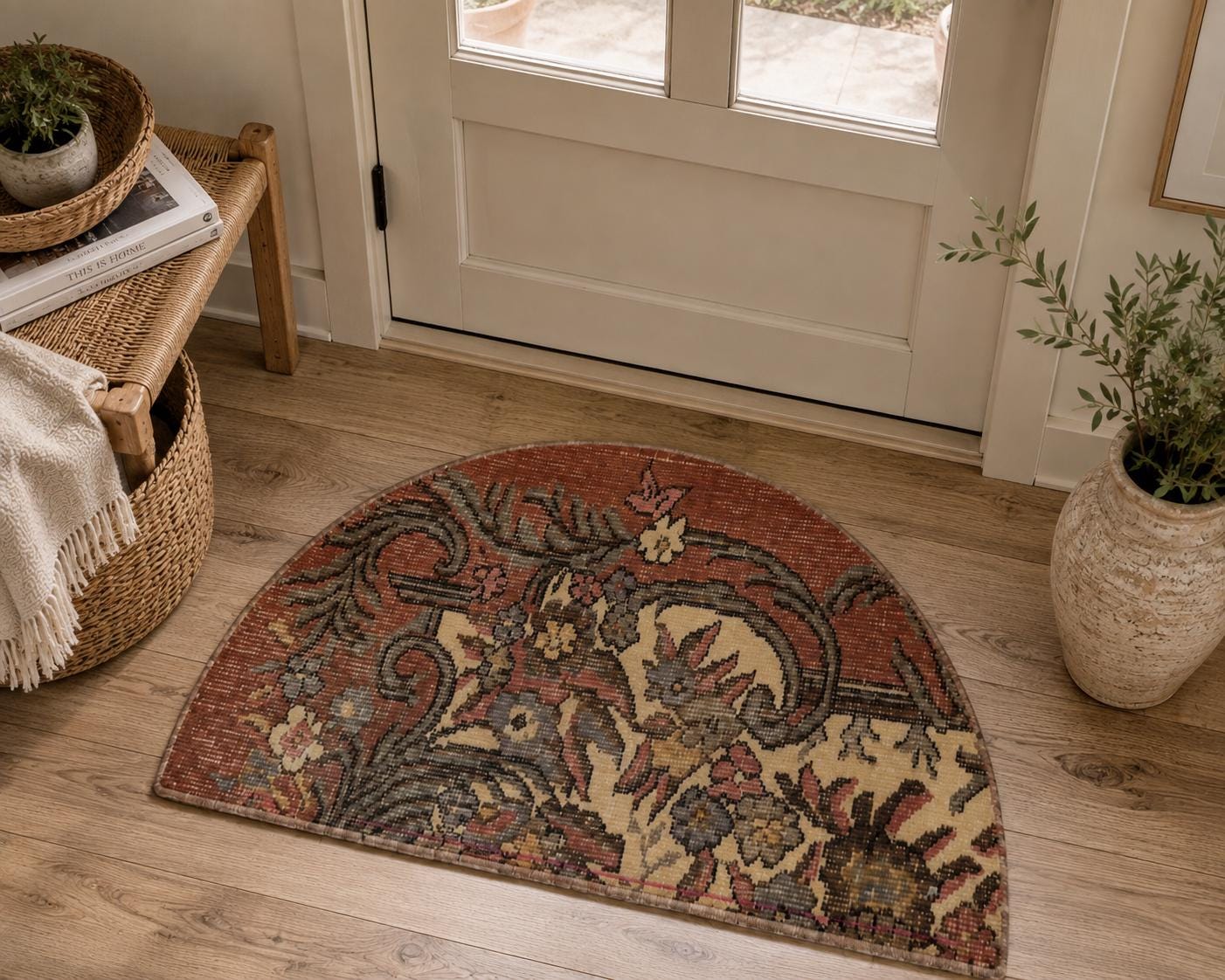 Vintage Turkish Semicircle Rug, Hand-Knotted Wool Rust Ivory Leaf Floral, Terracotta, 1.5x2.5 ft