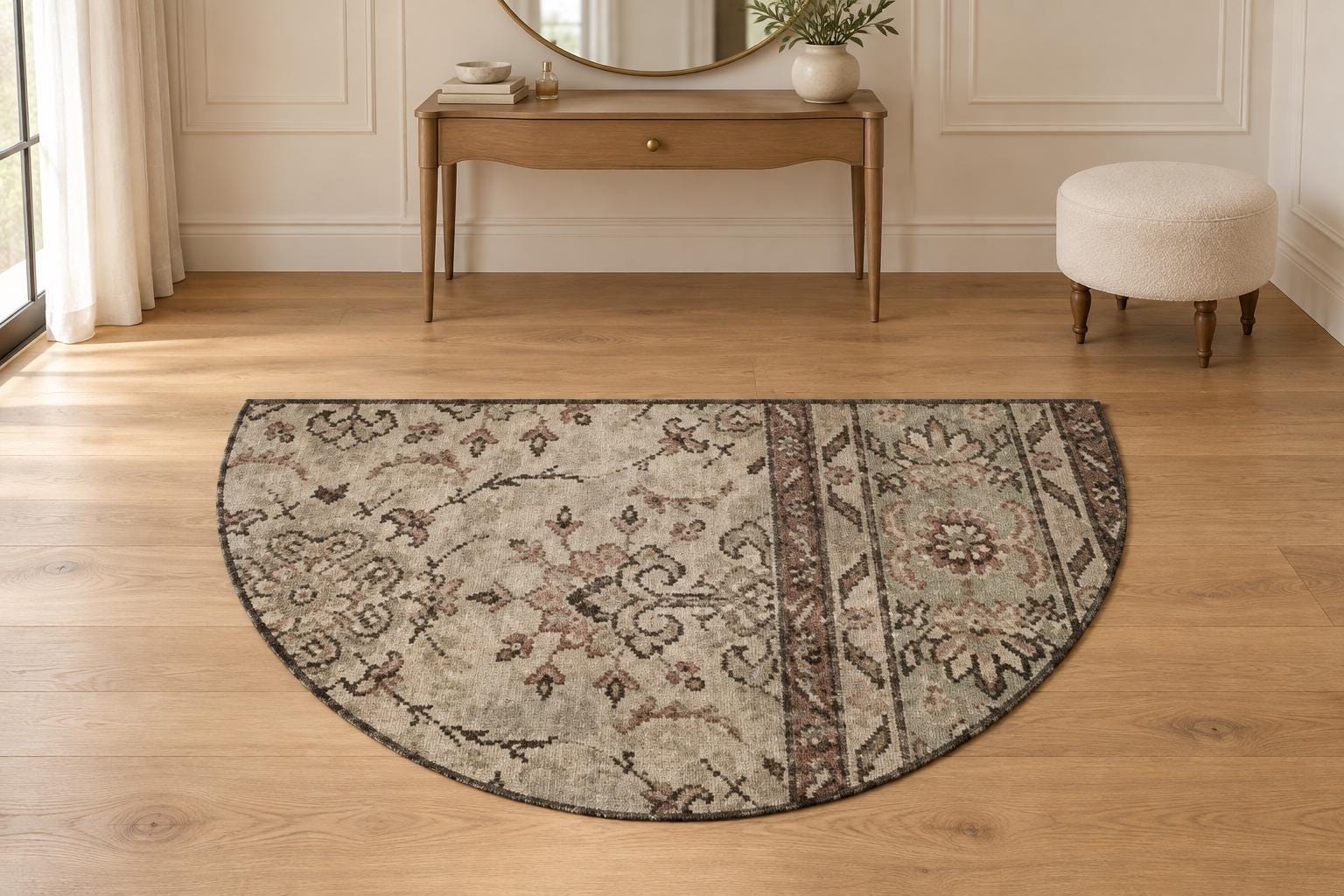 Vintage Turkish Semicircle Rug, Half Moon Doormat, Sage Rose Charcoal, Entryway Rug, 18x29 in