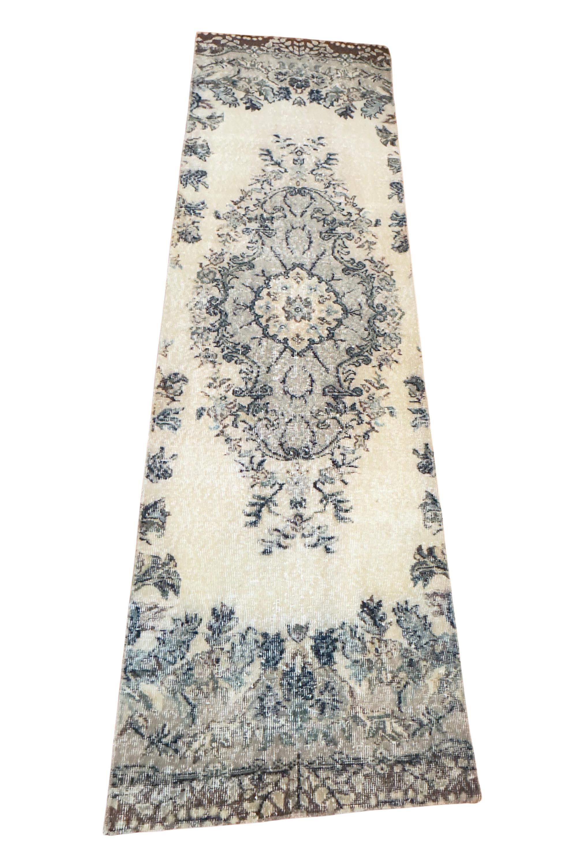 Vintage Turkish Runner Rug, Hand-Knotted Wool Floral Medallion, Faded Slate Blue Ivory, 2.8x9 ft – view 5