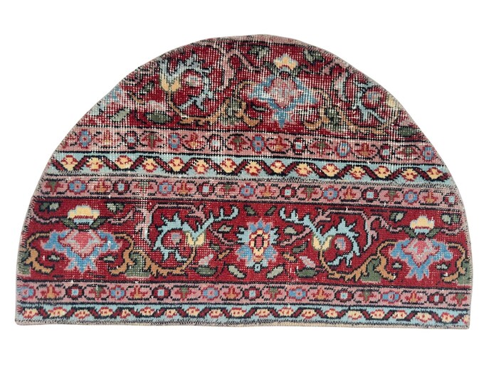 Vintage Patchwork Semicircle Rug 19x29In  Hand Knotted Wool Entryway Decor