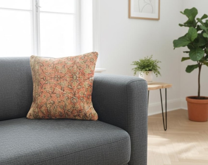 16x16 inch Wool Pillow Cover | Turkish Handwoven Rug Cushion | Modern Boho Rustic Living Room Decor