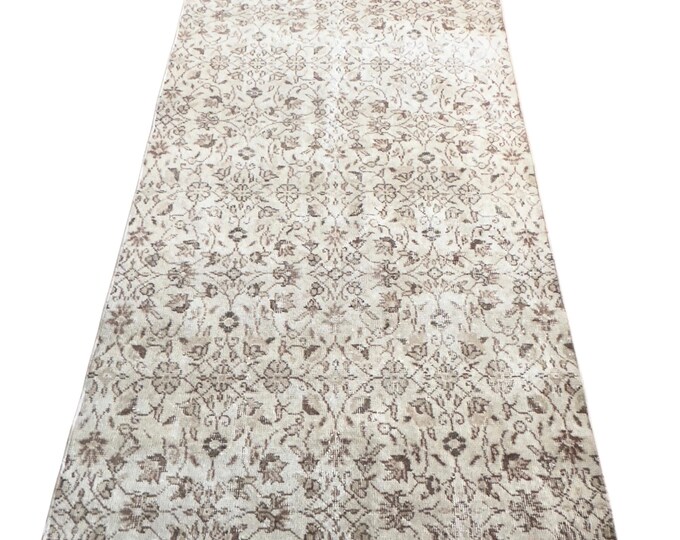 Vintage Turkish Isparta Rug, Hand Knotted Wool Floral, Distressed Cream Brown, 3.6x6.8 ft