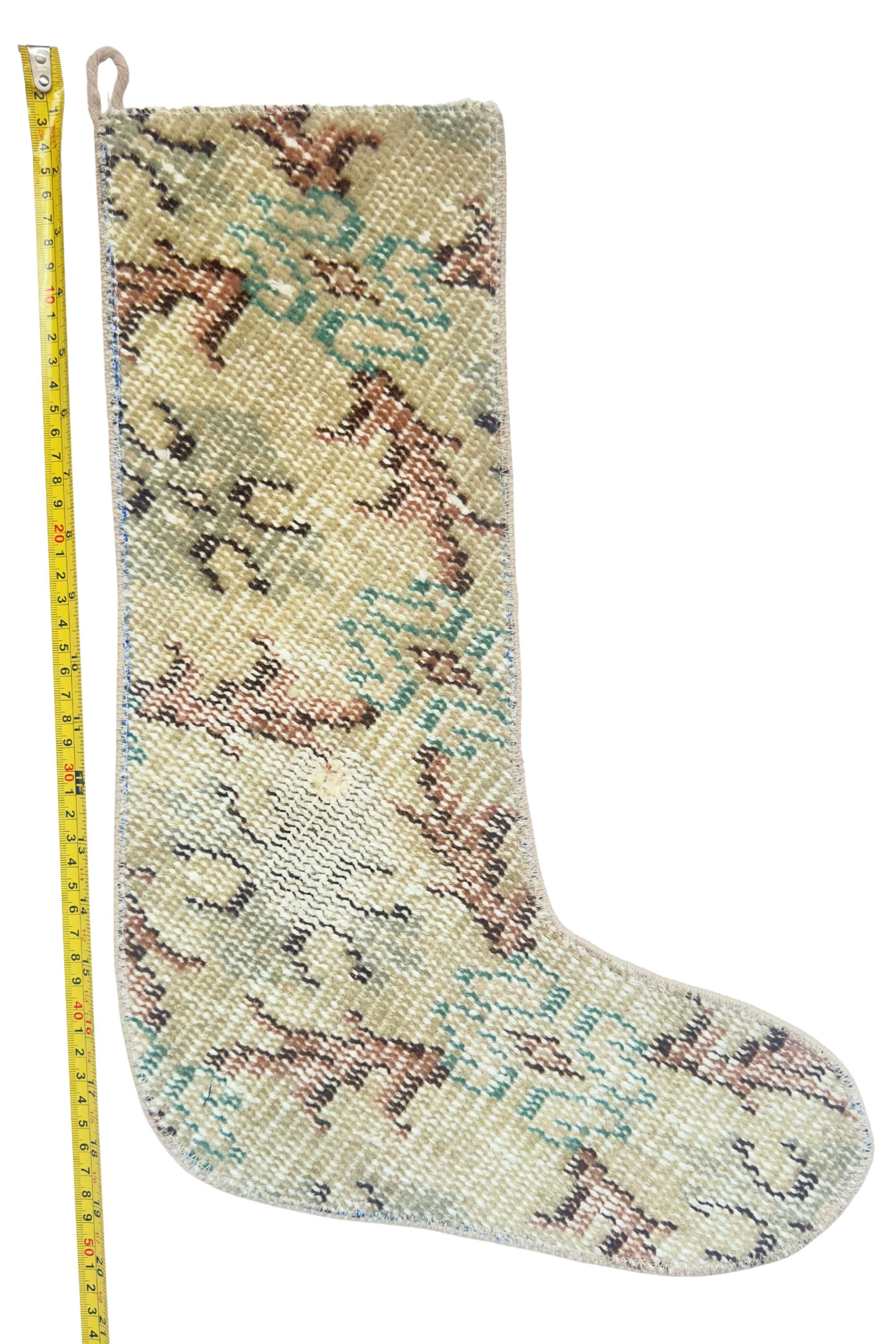 Turkish Rug Christmas Stocking, Handmade Vintage Anatolian Wool, Faded Beige Geometric, Boho Fireplace Decor – view 6