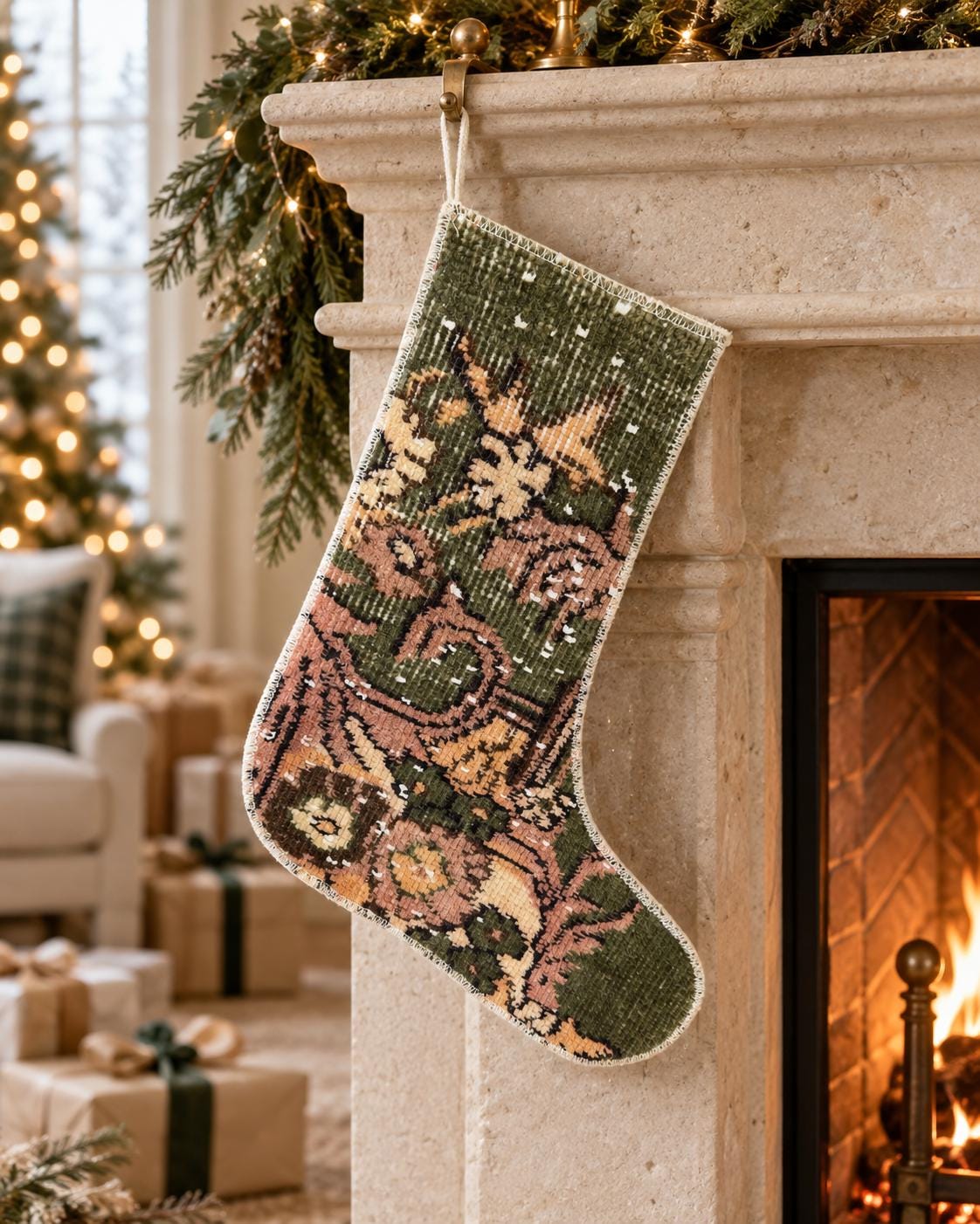 Vintage Turkish Rug Christmas Stocking, Rustic Olive Green Floral, Terracotta Rose Peach, 12.6x15 in