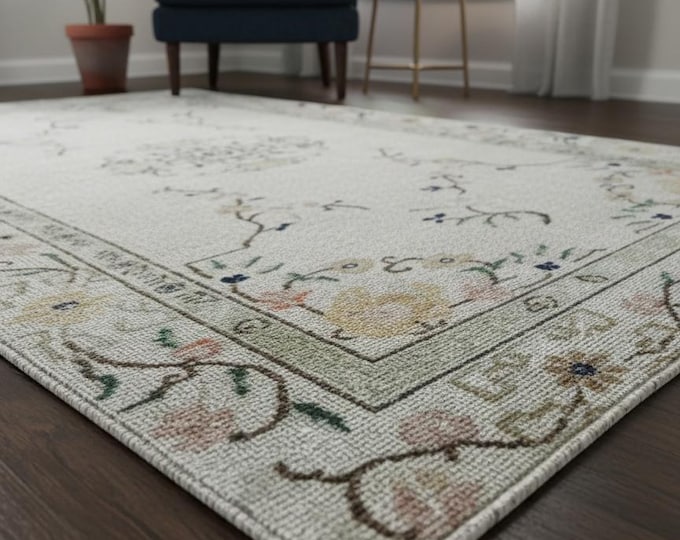 113.5x196.5 cm Light Beige Floral Turkish Wool Rug | Handwoven Vintage Style | Unique One-of-a-Kind