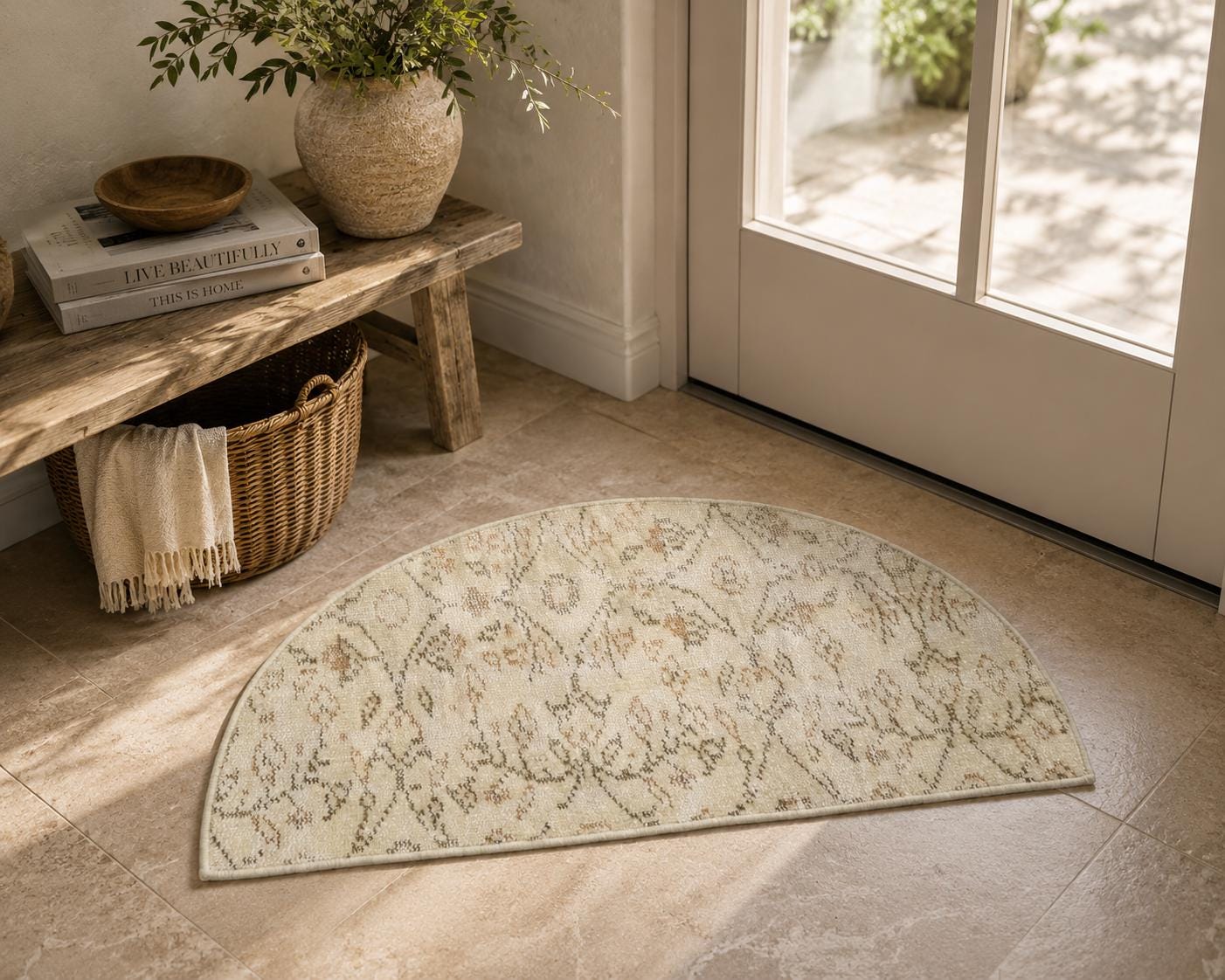 Vintage Turkish Semicircle Rug, Handwoven Wool, Ivory Caramel Honey Neutral, 1.6x2.7 ft