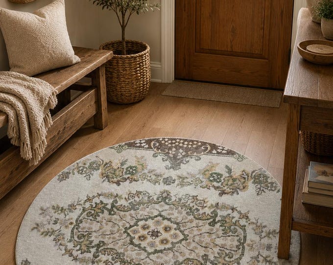 Round Area Rug, Vintage Isparta Handwoven Wool Circle, Distressed Ivory Sage Green Floral,