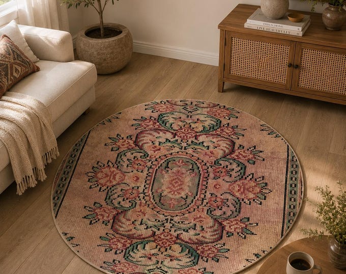 Round Area Rug, Vintage Isparta Handwoven Wool Circle, Distressed Rose Peach Medallion Teal, 3.9 ft