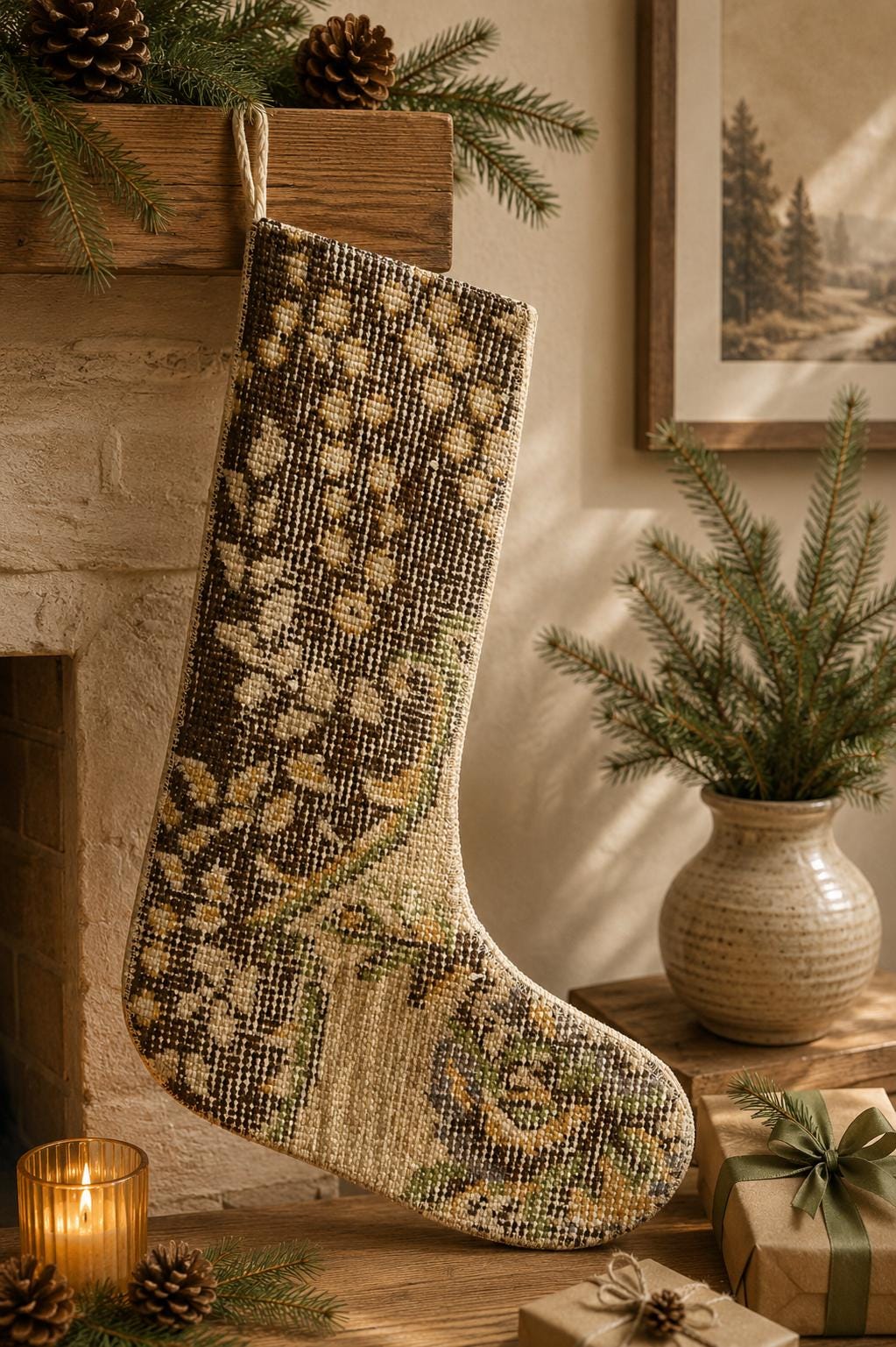 Turkish Rug Christmas Stocking, Vintage Wool Kilim, Chocolate Brown Cream Boho Fireplace Decor