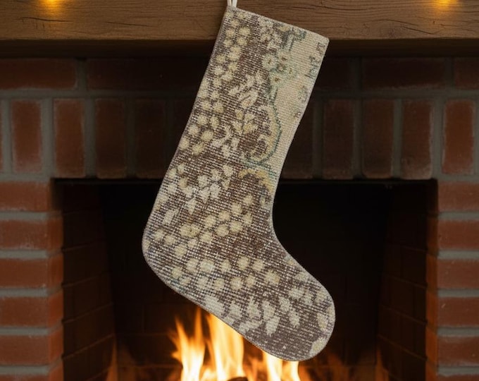 Vintage Rug Christmas Stocking – Upcycled Carpet – Brown Beige Holiday Decor