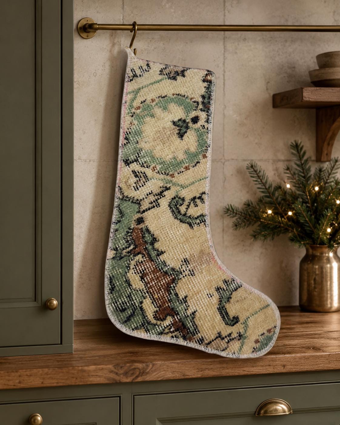 Turkish Rug Christmas Stocking, Handmade Vintage Anatolian Wool, Boho Fireplace Decor, Green, Rustic Gift