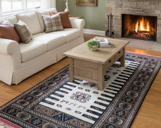 100x192 cm Afghan Wool Kilim – Handmade Tribal Rug – Red Black Brown Flatweave Carpet – Vintage Oriental Boho Area Rug