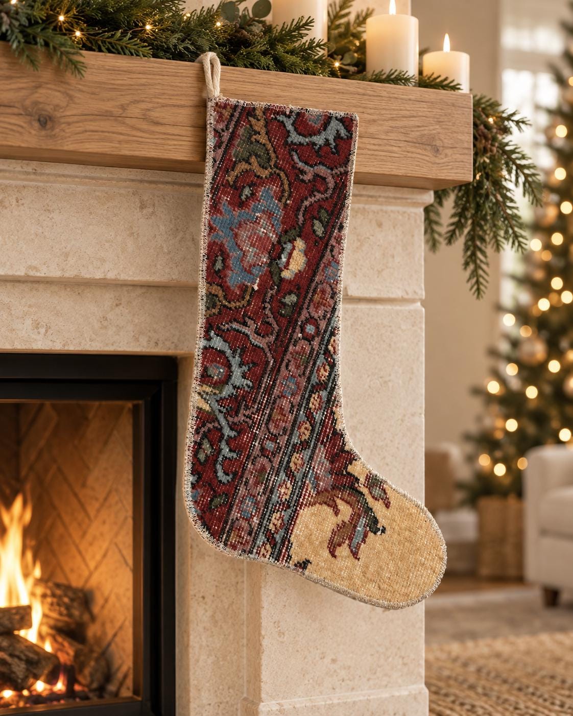 Vintage Hand Knotted Turkish Wool Rug Christmas Stocking, Burgundy Floral, 17.7 x 12.2 in – view 3