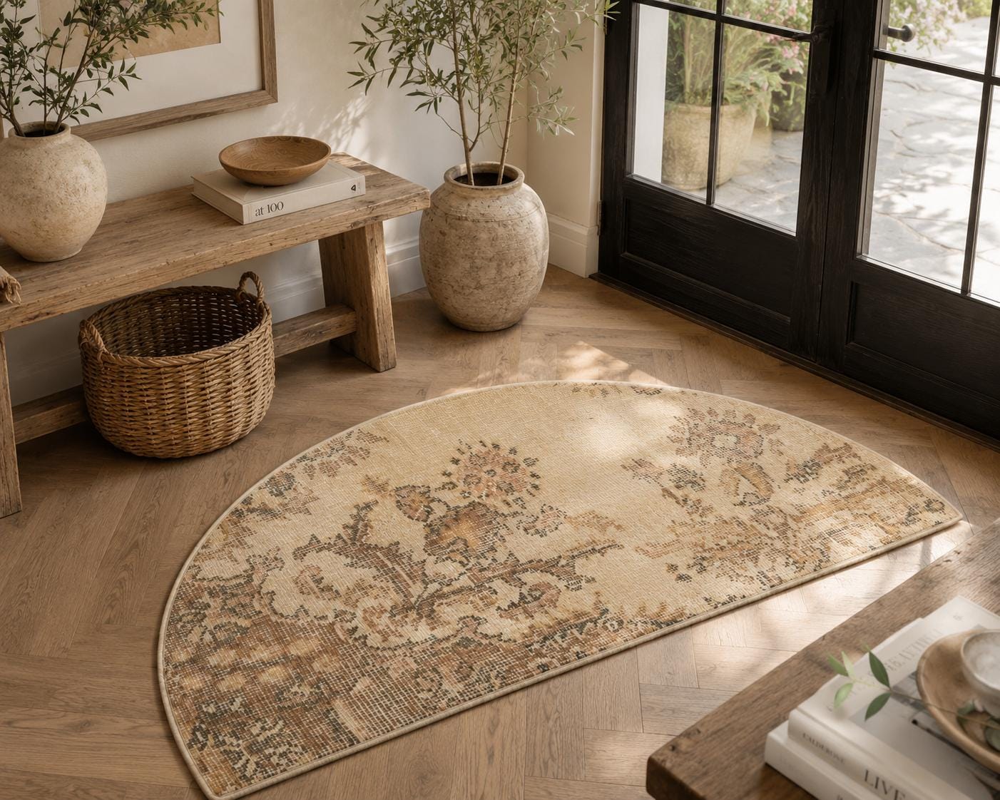 Vintage Turkish Semicircle Rug, Handwoven Wool Floral, Ivory Caramel Distressed, 1.6x2.77 ft