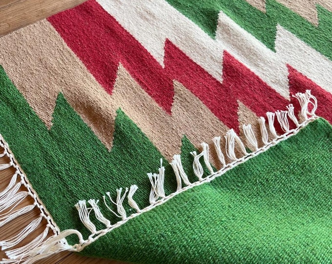 Handmade Wool Kilim Rug | Geometric Green Red Beige | Vintage Flatweave Kilim | Turkish Oriental Decor | Boho Living Room Carpet