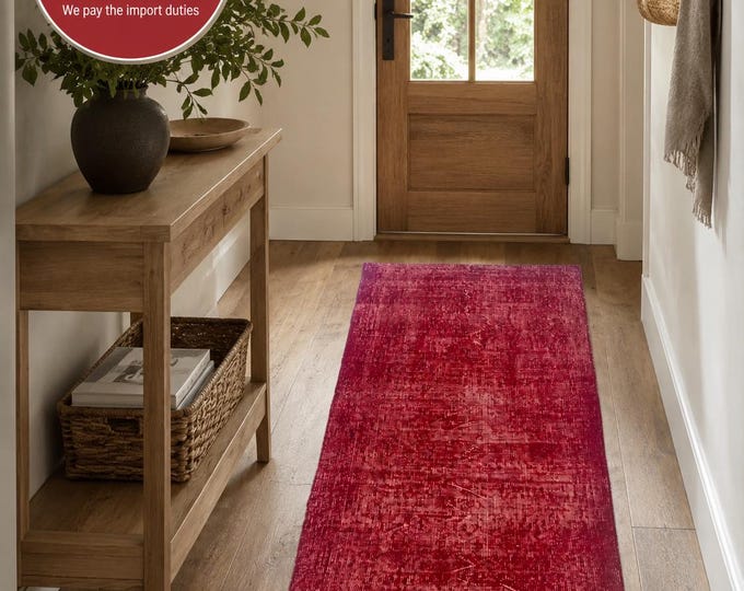 Small Area Rug, Vintage Isparta Handwoven Wool, Distressed Solid Crimson Red, 2.4x6 ft