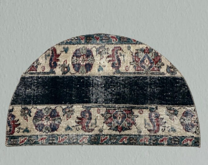 Vintage Turkish Wool Semicircle Rug: Blue Beige Patchwork Doormat (2x3 ft)