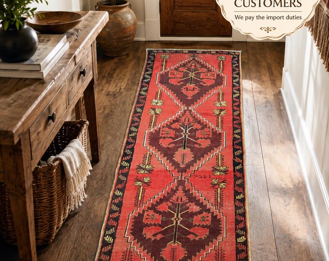 Vintage Turkish Anatolian Runner Rug, Hand Knotted Wool, Geometric Tribal, Distressed