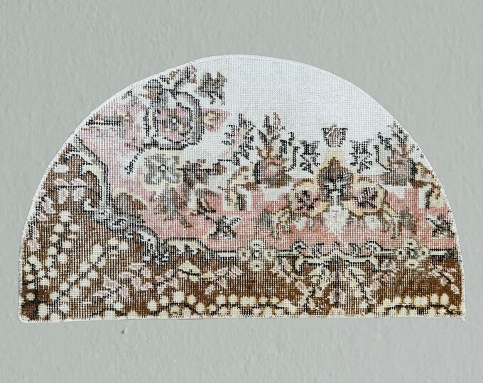 Vintage Wool Turkish Rug: Pink Brown Half Circle Doormat