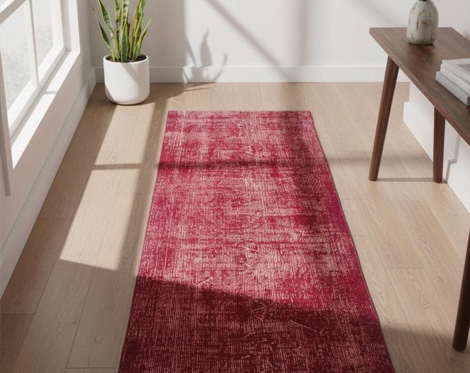 Vintage Burgundy Runner Rug 2.4x6 ft, Handwoven Turkish Wool Hallway Rug